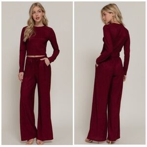 🛑 FINAL SALE 🛑 Elegant Burgundy Long Sleeve Top and Pant Set